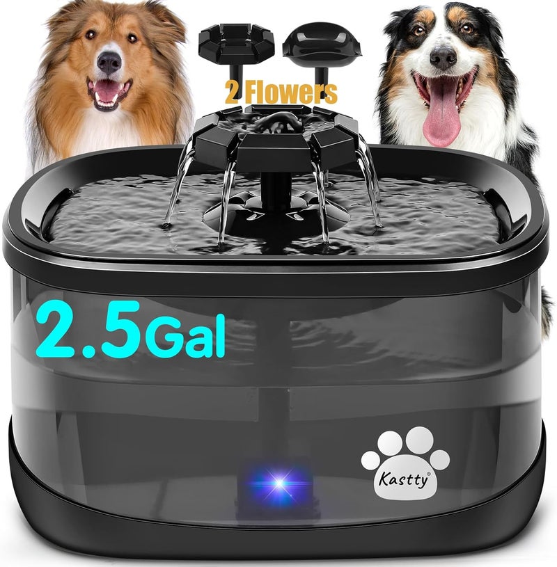 Kastty 2.5Gal/9.5L Dog Water Fountain 3 Flow Modes Cat Fountain with 2 Flower Spouts& 7" Larger Filter Super Filtration& Smart 3 in 1 LED Safe Pump, BPA-Free, Quiet for Large Dogs& Multi Pets(FS68) - Image 1